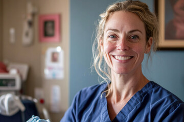 Smiling caucasian female nurse in hospital setting