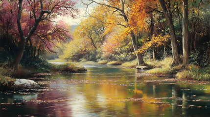 Fototapeta premium A serene river scene surrounded by vibrant autumn foliage reflecting on the water.