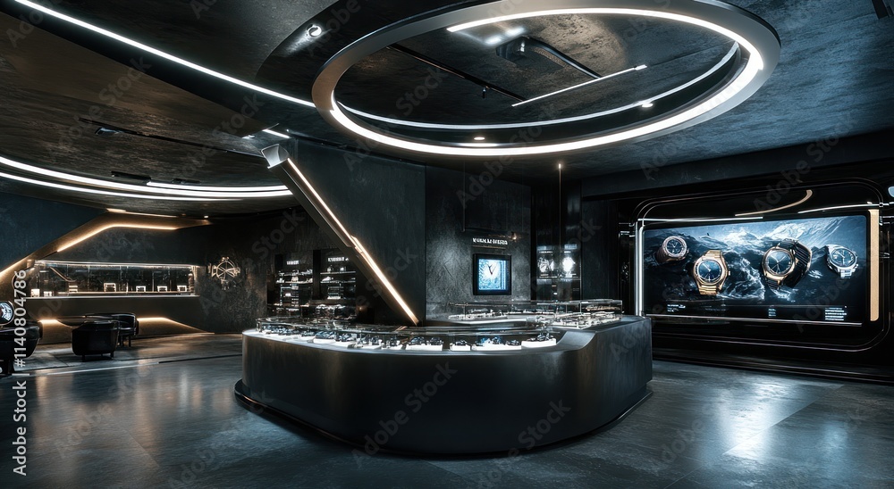 Aufkleber modern interior showcasing a sleek watch display with futuristic lighting and design elements.