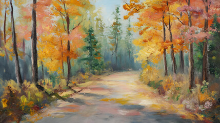 Obraz premium A serene autumn landscape with vibrant foliage and a winding path.