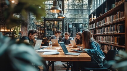 A cozy college library scene, showcasing students studying together at large wooden tables