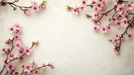 Fototapeta premium Cherry Blossoms on Plain Paper: a serene background featuring soft pink cherry blossom branches delicately arranged on a plain white paper, symbolizing the beauty of spring. 