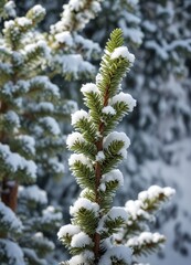 Winter green coniferous twig with white bark and green cones on a snowy background, winter scene, forest landscape, winter landscape