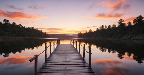 Obraz premium Wooden bridge over a shallow and calm Portuguese lake at sunset, reflection, water, lake