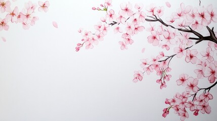 Fototapeta premium Cherry Blossoms on Plain Paper: a serene background featuring soft pink cherry blossom branches delicately arranged on a plain white paper, symbolizing the beauty of spring. 