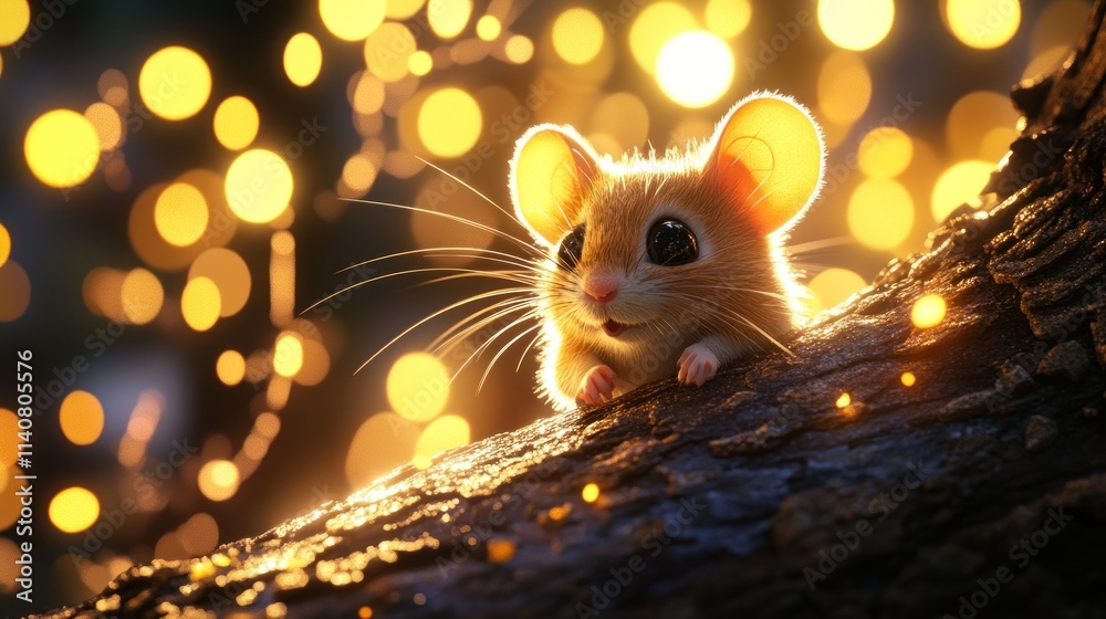 Poster a cute mouse perched on a log, surrounded by glowing lights in a whimsical setting.