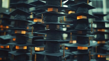 A creative shot of several graduation caps stacked on top of each other, symbolizing achievement and unity
