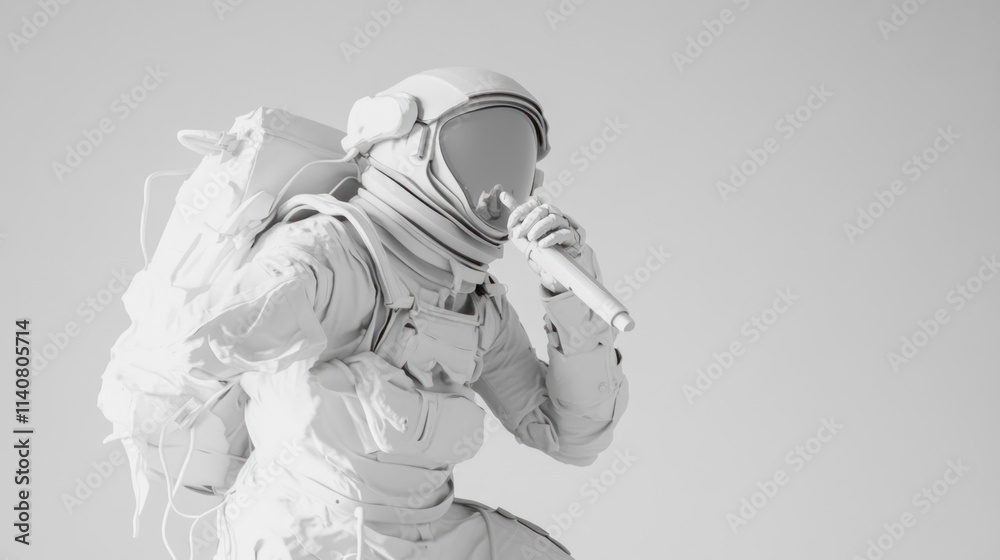 Aufkleber a monochromatic astronaut in a space suit, holding a tool in a minimalist setting.