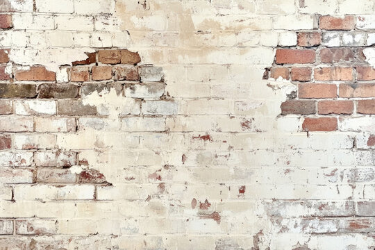 Fototapeta Weathered brick wall with peeling white paint and exposed red bricks