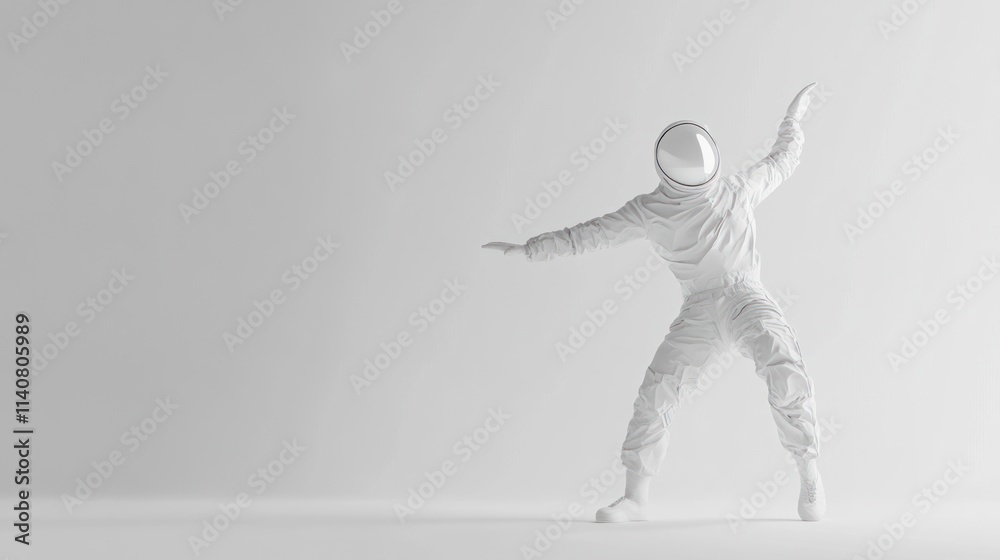 Poster a stylized figure in a white spacesuit poses against a minimalistic background.