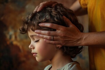 Naklejka premium Adult hands gently touch child's head, eyes closed.