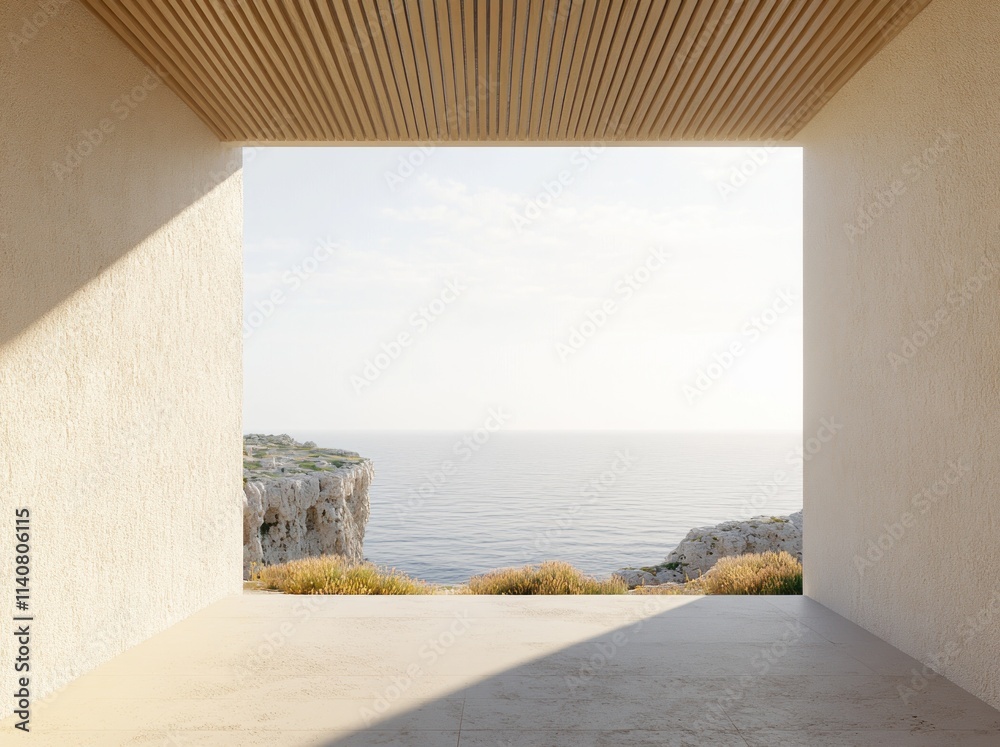 Poster A minimalist architectural view showcasing a serene ocean landscape through an open frame.