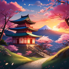 japanese temple at sunset