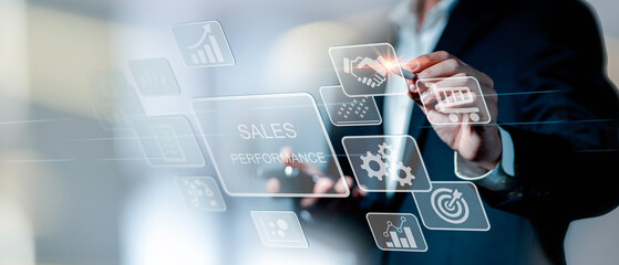 Sales performance management concept. Businessman use laptop to analyze data and sales performance. Strategic Decision Making for Operations Management, increase sales and business growth.