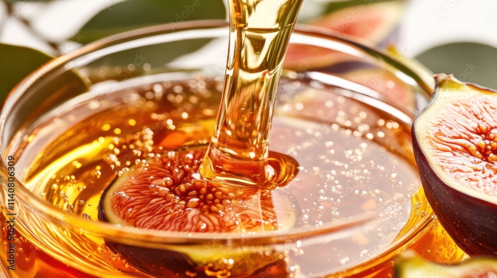 Poster a close-up of a fig slice in sparkling liquid, showcasing freshness and indulgence.