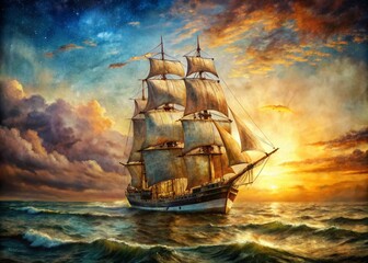Obraz premium Vintage Ship Painting Portrait, Nautical Art, Retro Maritime Portrait, Classic Sailing Ship, Old Sea Vessel, Ocean Portraiture