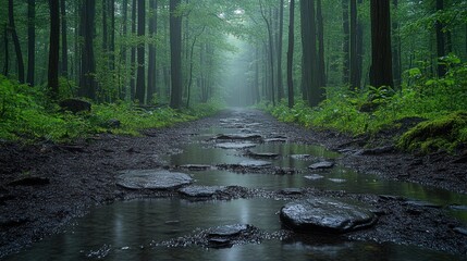 Obraz premium A serene forest path with mist and water, inviting exploration and tranquility.
