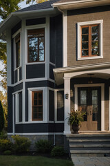 Two-Story House with Bay Window and Stone Facade