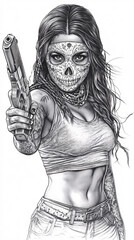 Obraz premium Stylized illustrations of women with skull face paint and guns, bold gothic designs combining fantasy, horror, and street art themes, evoking rebellion and power