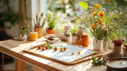 Sunny Studio Workspace - Artistic morning, sunlit desk, wildflowers, berries, paintbrushes, calm atmosphere, creative space.