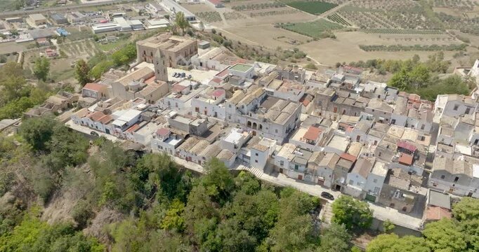 Panoramic aerial view of the historic center of the town of Bernalda, in the province of Matera, Basilicata, Italy. It is a traditional Italian village.