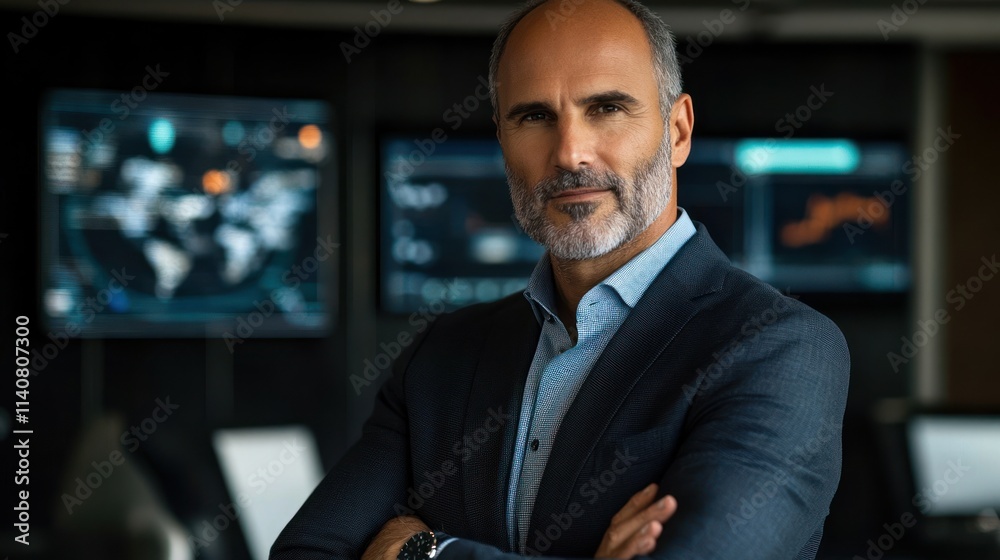 Poster a professional man stands confidently in a modern office with digital displays in the background.