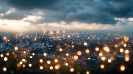 Naklejka premium Connected digital nodes create a vibrant network above a city skyline at night, showcasing a serene light blue atmosphere