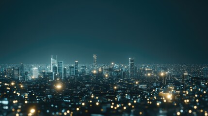 Fototapeta premium Connected digital nodes create a vibrant network above a city skyline at night, showcasing a serene light blue atmosphere
