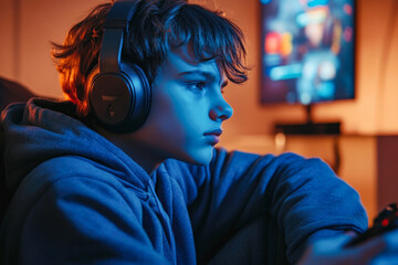 Caucasian male teen gaming at home with headphones in dimly lit room