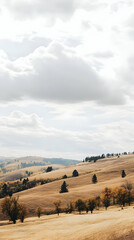 Fototapeta premium A serene landscape with rolling hills, trees, and a cloudy sky, evoking tranquility.