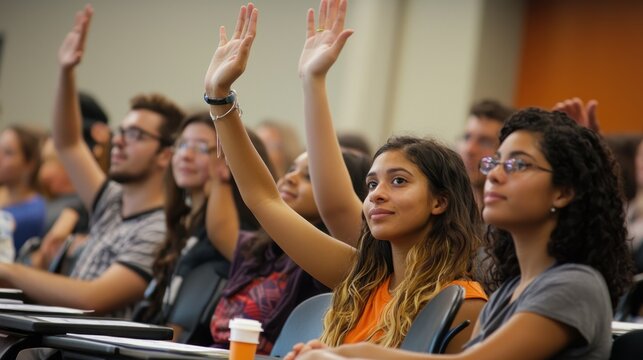 A dynamic image of diverse college students raising their hands during a class discussion, emphasizing engagement and participation