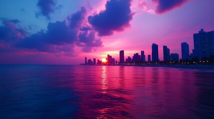 Obraz premium Vibrant sunset over city skyline reflected in calm ocean water.