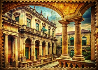 Obraz premium Vintage Stamp Background Architectural Photography: Grunge Texture, Postcard Design, Building Facade, Retro Style, Architectural Details
