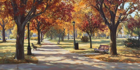 Naklejka premium A serene park scene in autumn, showcasing vibrant foliage and peaceful pathways.