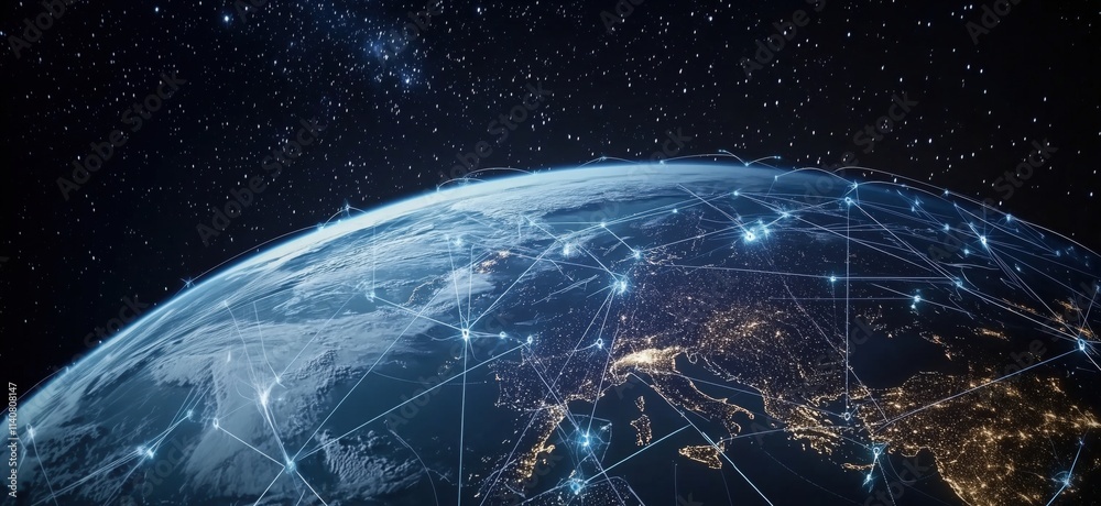 Poster global network connections visualized over earth, showcasing illuminated cities and starry backgroun