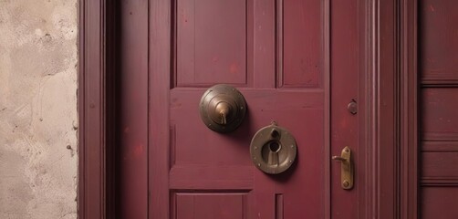 Fototapeta premium Vintage-inspired door with a rusted doorknob and burgundy-colored door surround, chunky, crackled