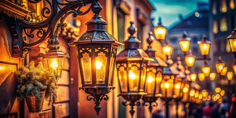 Fototapeta premium Vintage Street Lights For Sale: Antique Outdoor Lighting, Retro Lamp Post, Old Fashioned Streetlight