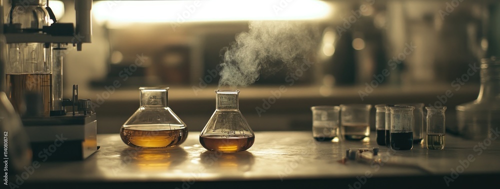 Poster Laboratory scene with flasks and beakers, showcasing chemical reactions and experiments.