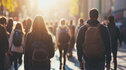 A focused image of a group of college students walking to class, emphasizing the hustle and bustle of campus life