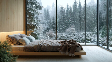 A peaceful forest bedroom with a simple wooden bed frame, a woolen throw, and wide windows that open to a serene, snow-covered forest landscape.