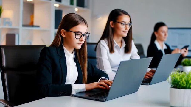 Professional young women in business attire working on laptops at a shared table, focusing on their tasks. Modern office environment, teamwork, and productivity concept, ideal for corporate themes