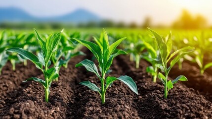 Young Crops Growing in a Field at Sunrise