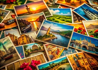 Vintage Travel Postcards: Colorful Global Destinations Macro Photography
