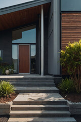 Modern home entrance with gray stone steps leading to a dark-wood door, framed by large windows and dark gray siding.  Landscaping includes low shrubs and plants.