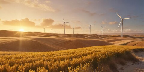Wind turbines rising above the undulating waves of a golden-hued field , innovative, modern, field