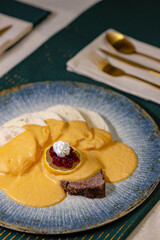 Traditional Christmas dinner in Czech Republic - sirloin in cream sauce