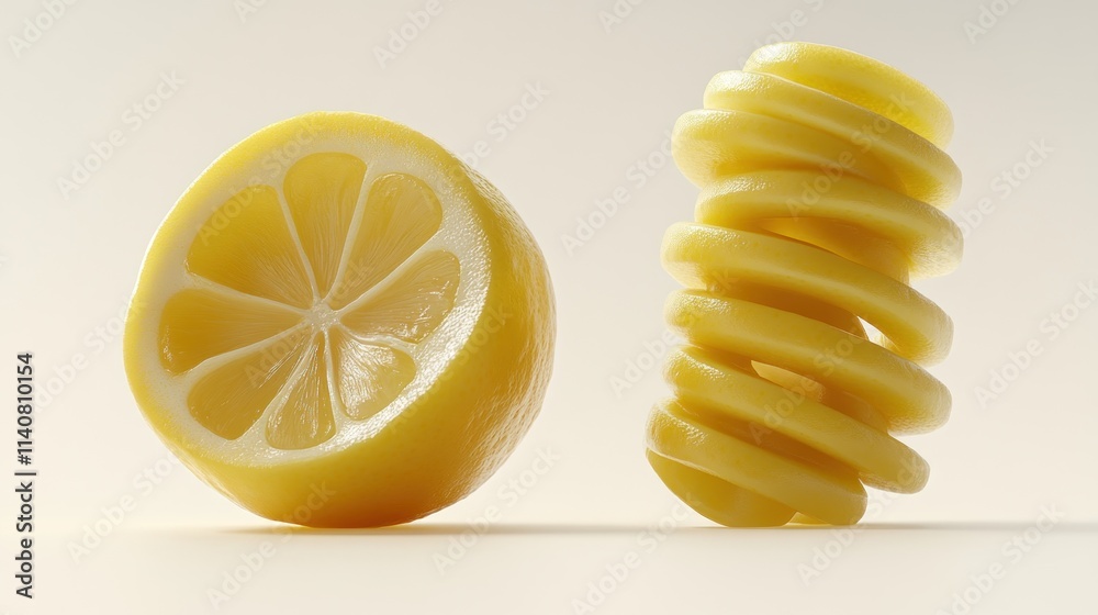 Poster a lemon cut in half next to spiral slices, showcasing its vibrant color and texture.
