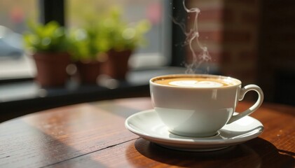 Obraz premium Tea cup with steaming milk and scone on a side table, beverage, scone