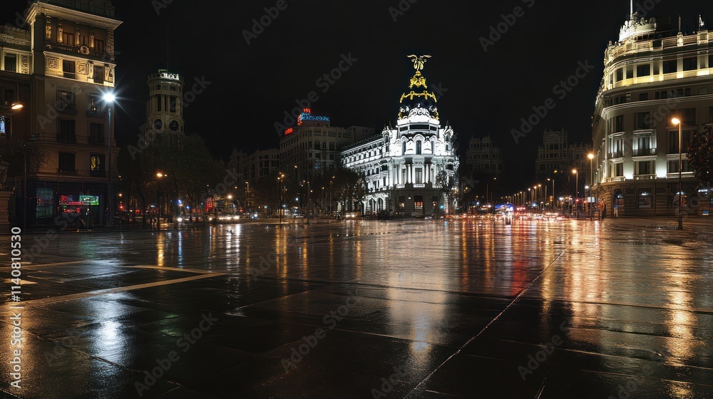 Poster nighttime cityscape with illuminated architecture and wet streets.