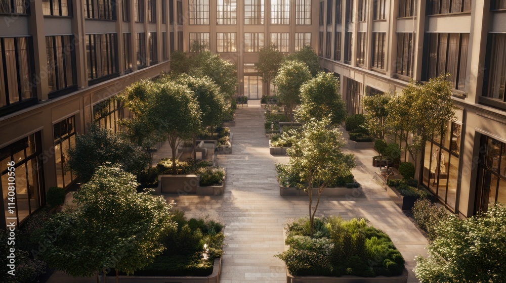 Poster a serene courtyard with greenery and pathways, designed for relaxation and social interaction.